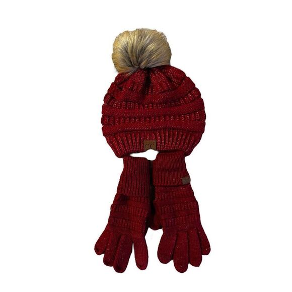 C. C. Exclusives Womens OS Knitted Tobaggan Pom Pom & Glove Set Burgundy Red - Picture 2 of 6